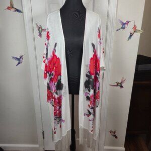 Curations Vibrant Floral Fringe Kimono Duster XL Boho Festival Cover Up